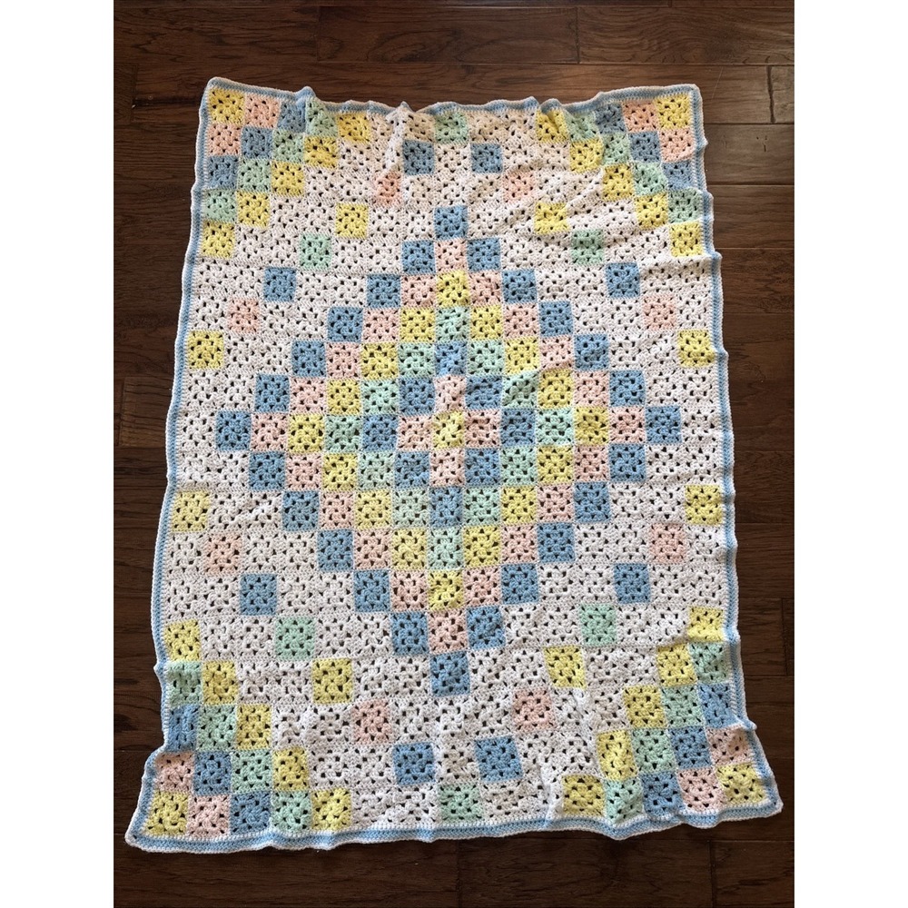 Vintage Handmade Crochet Unisex Baby Blanket Pastel 52x43 in